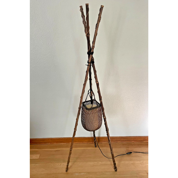 Vintage Bamboo Tripod Floor Lamp with Rattan Shade - Picture 1 of 8
